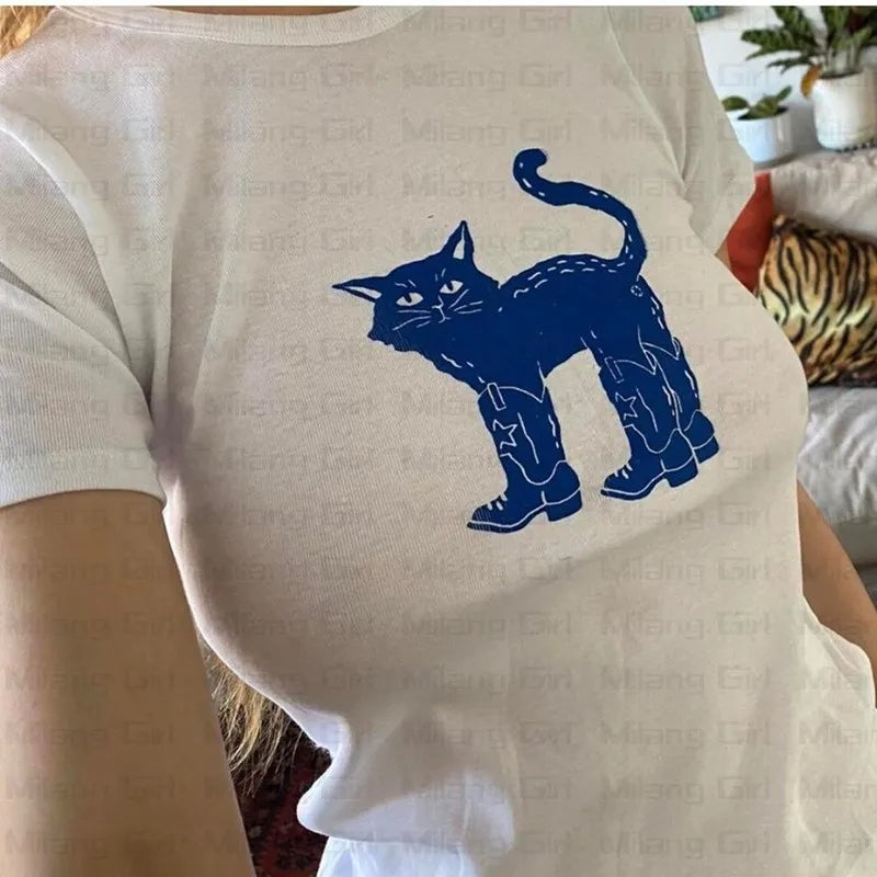 Cat Print Crew Neck Crop Top