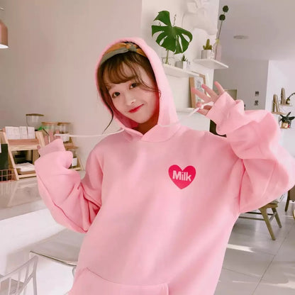 Cute Pastel Pink Peach Cartoon Print Long Sleeve Hoodie Pullover Sweater Sweatshirt Autumn Winter E-Girl Kawaii Korean Japanese Harajuku Streetwear