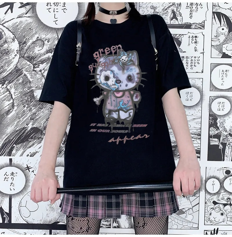 Zombie Anime Cat Print Short Sleeve T-shirt