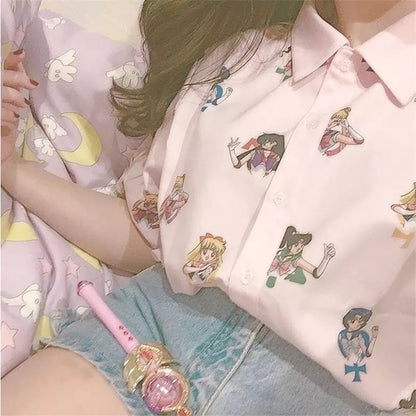 Pastel Anime Girl Japanese Print Cartoon Button Down Short Sleeve Shirt