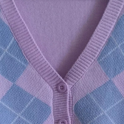 Cute Pink Geometrical Chic Vintage Knit Cardigan Sweater Top Shirt Winter Autumn E-Girl Kawaii Korean Japanese Harajuku Chinese Retro Streetwear