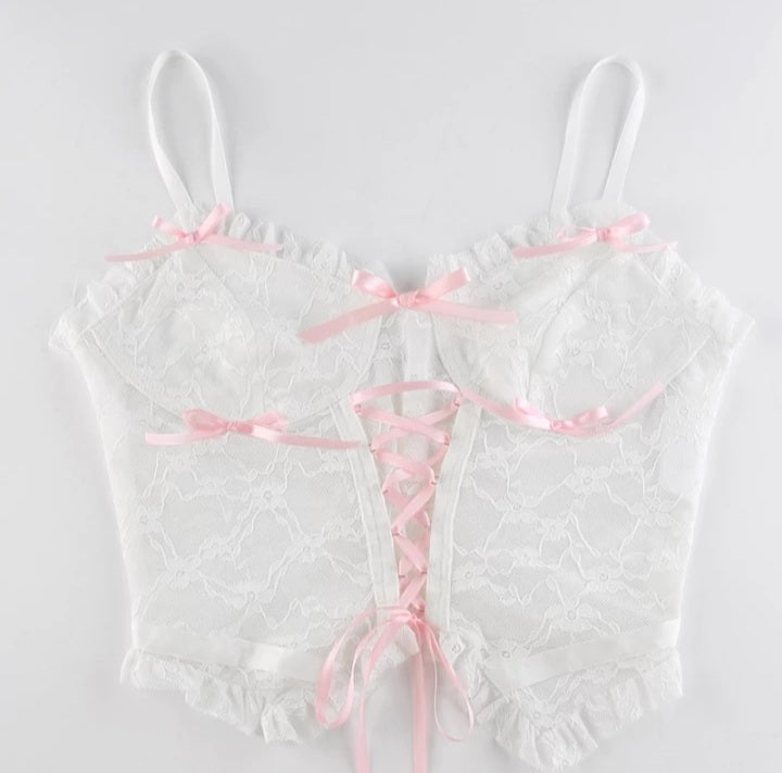 Cute Lace Mesh Patchwork Transparent Corset Camisole Ruffle Crop Top Sleeveless Shirt Summer Aesthetic Casual E-Girl Kawaii Korean Japanese Harajuku