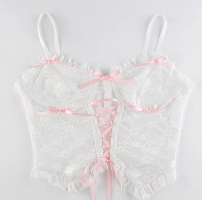 Cute Lace Mesh Patchwork Transparent Corset Camisole Ruffle Crop Top Sleeveless Shirt Summer Aesthetic Casual E-Girl Kawaii Korean Japanese Harajuku