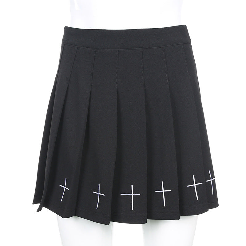 Cute Black Cross Print Goth Punk Pleated High Waisted Mini Skirt Bottom E-Girl Kawaii Korean Japanese Harajuku Retro Streetwear