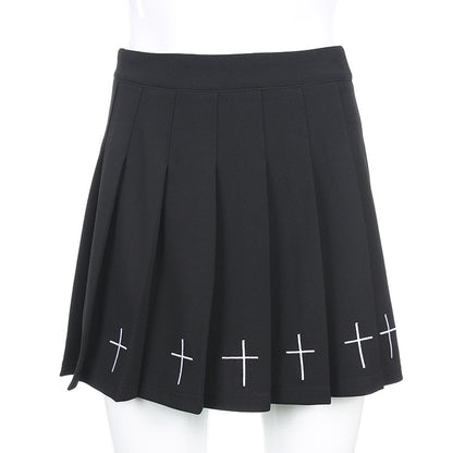 Cute Black Cross Print Goth Punk Pleated High Waisted Mini Skirt Bottom E-Girl Kawaii Korean Japanese Harajuku Retro Streetwear