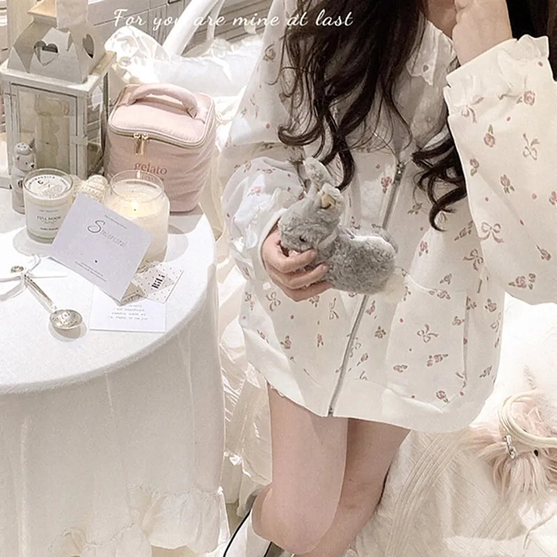 Bow Rose Print Loose Hoodie