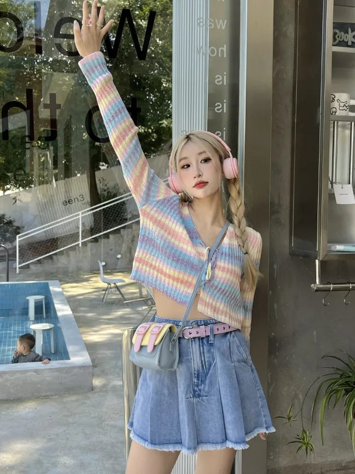 Rainbow Striped V Neck Cropped Cardigan