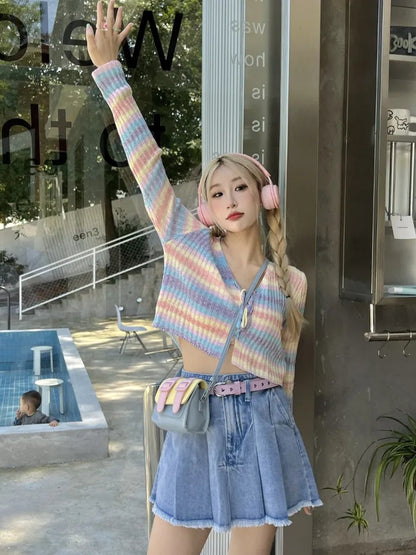 Rainbow Striped V Neck Cropped Cardigan