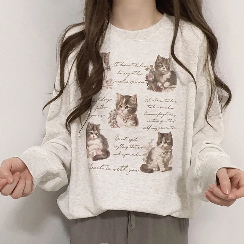 Cat Letter Print Loose Sweatshirt
