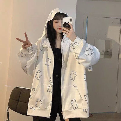 Cute Vintage Butterfly Print Oversize Zipper Hoodie Long Sleeve Pullover Jumper Autumn Aesthetic E-Girl Kawaii Korean Japanese Harajuku Streetwear