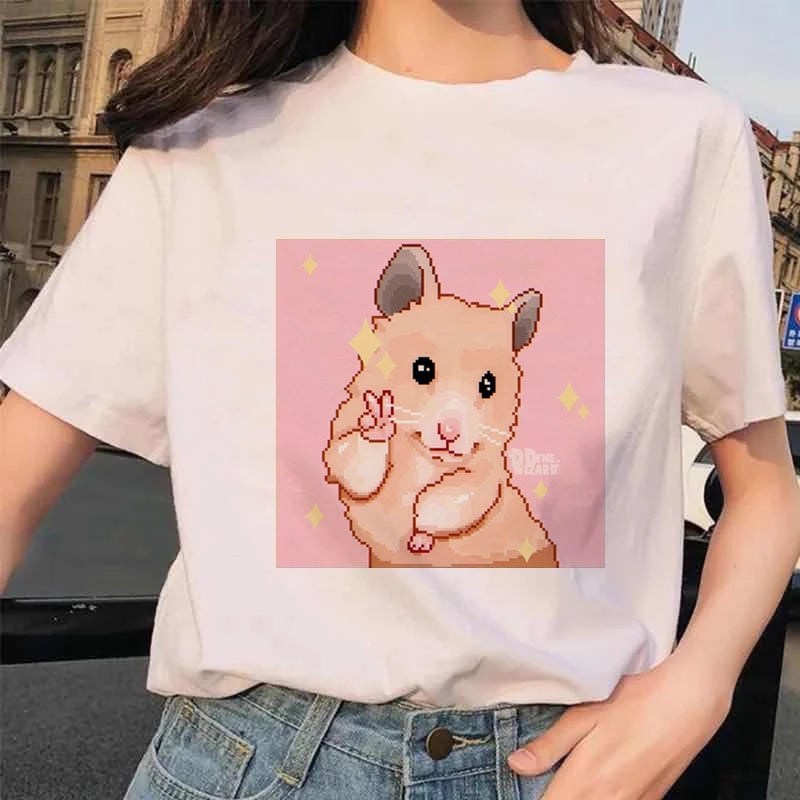 Cute Pastel Pink Happy Hamster Posing Star Print Oversized Short Sleeve Shirt Aesthetic Casual E-Girl Kawaii Korean Japanese Harajuku