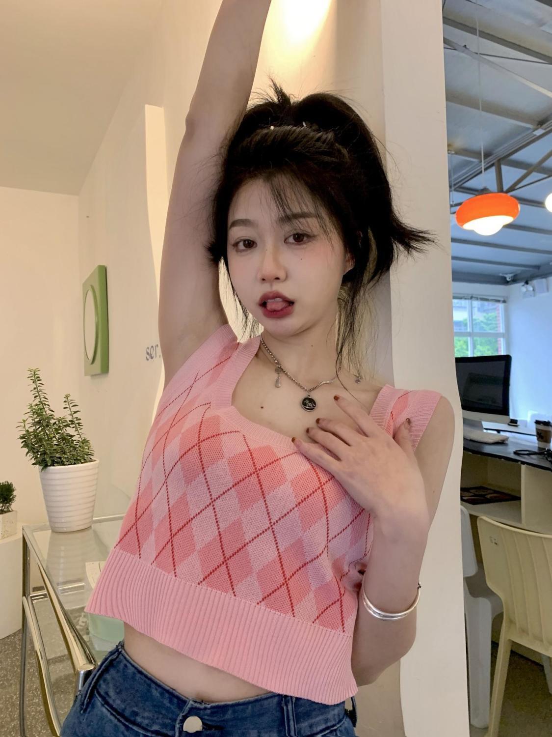 Pink Argyle Knit Tank Top
