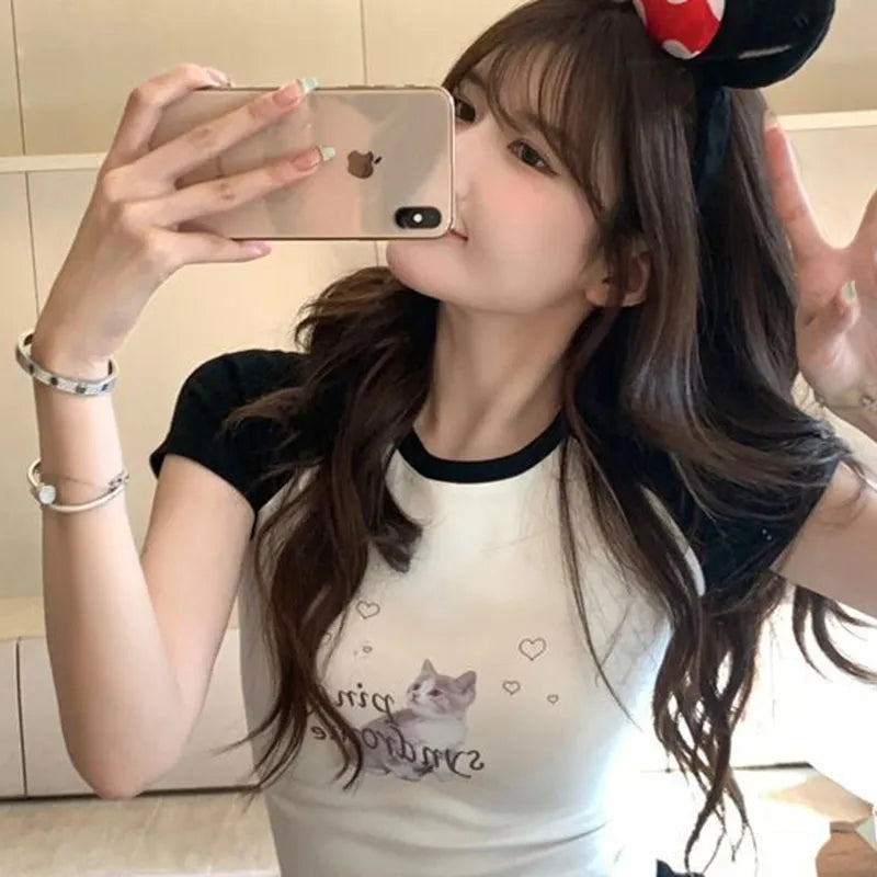 Cat Print Cropped Short Sleeve T-shirt
