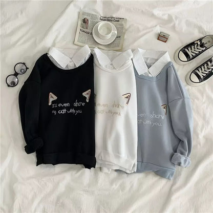 Cute Cat Kitten Print Polo Collar 2 Pcs Sweatshirt Sweater Pullover Jumper Long Sleeve Shirt Casual E-Girl Kawaii Korean Japanese Harajuku Streetwear