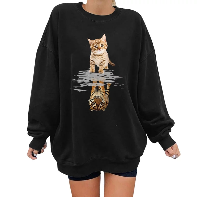 Cute Funny Cat Tiger Cartoon Print Long Sleeve Crewneck Sweatshirt Pullover Aesthetic Casual E-Girl Kawaii Korean Japanese Harajuku