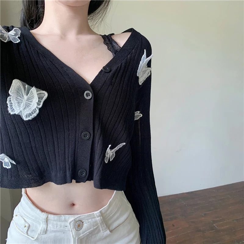 Cute Sweet Butterfly Knit Cardigan V Neck Crop Top Thin Long Sleeve T-shirt Vintage Aesthetic Casual Summer E-Girl Kawaii Korean Japanese Harajuku