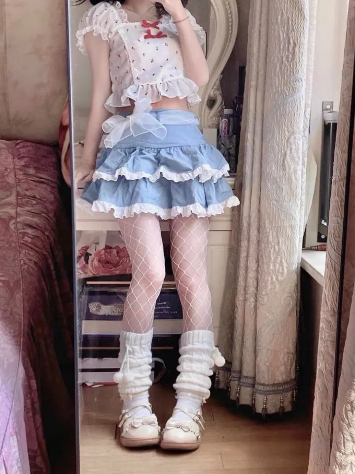 Blue Ruffle Lace Patchwork Mini Skirt