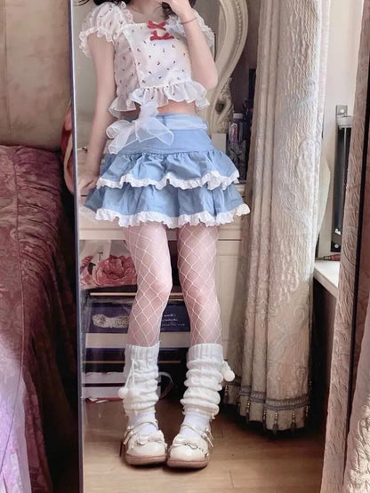 Blue Ruffle Lace Patchwork Mini Skirt