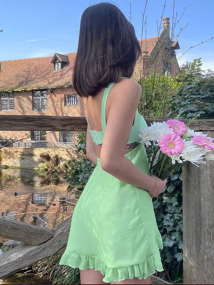 Green Backless Ruffle Dress Aesthetic Casual E-Girl Kawaii Korean Japanese Harajuku