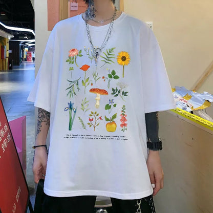 Cute Herbology Plant Mushroom Cartoon Print Loose Oversize Short Sleeve T-shirt Punk Aesthetic Casual Summer E-Girl Kawaii Korean Japanese Harajuku