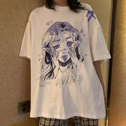 Cute White Elf Anime Girl Cartoon Print Short Sleeve T-shirt Top Oversize Loose Goth Punk Aesthetic E-Girl Kawaii Korean Japanese Harajuku Streetwear