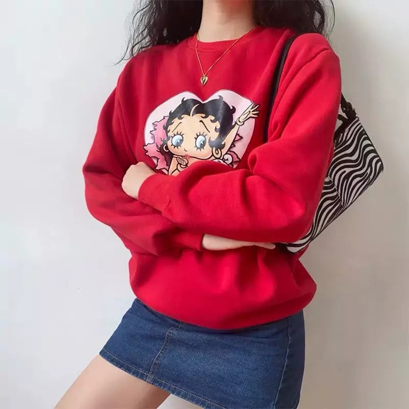 Cute 80s 90s Red Heart Vintage Cartoon Girl Long Sleeve Shirt Hoodie Pullover Sweatshirt Casual E-Girl Kawaii Korean Japanese Harajuku Streetwear