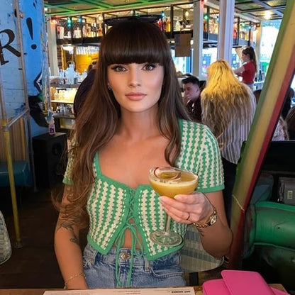 Green Plaid Square Collar Bandage Knit Short Sleeve T-shirt