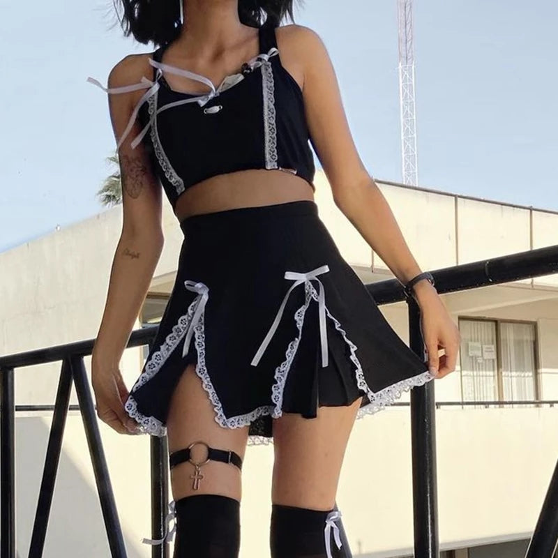 Cute Black Maid Lace Trim Mini Skirt 90s Party Summer Aesthetic Casual E-Girl Kawaii Korean Japanese Harajuku