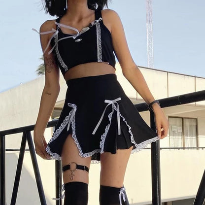 Cute Black Maid Lace Trim Mini Skirt 90s Party Summer Aesthetic Casual E-Girl Kawaii Korean Japanese Harajuku