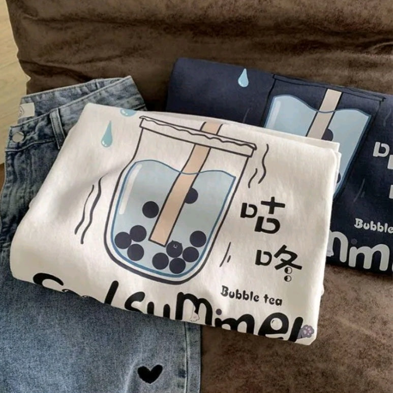 Bubble Milk Tea Print Short Sleeve T-shirt