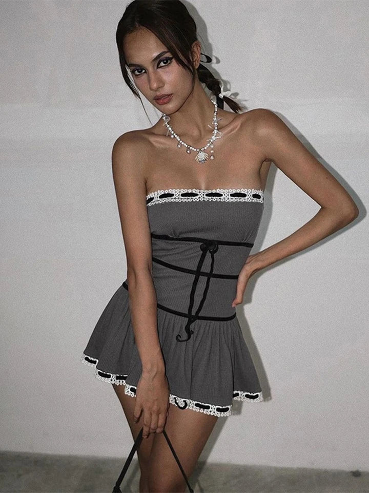 Lace Tie Up Strapless Mini Dress