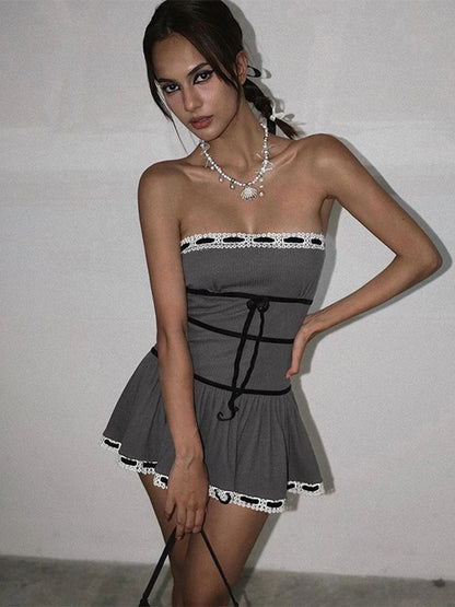 Lace Tie Up Strapless Mini Dress