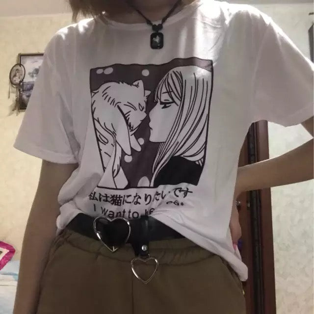 Cute Vintage Sweet Funny Cat Anime Girl Print Loose Short Sleeve Short T-shirt Tee Top Summer Casual E-Girl Kawaii Korean Japanese Harajuku Streetwear
