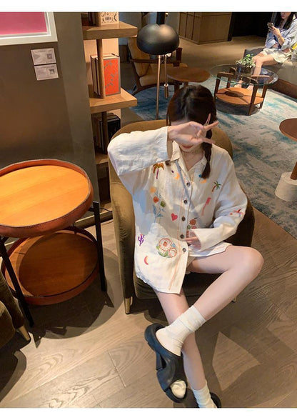 Sweet Embroidery Stripe Long Sleeve Blouse
