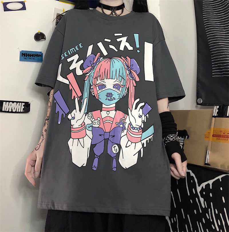 Cute Japanese Girl Punk Goth Print Oversized Short Sleeve Shirt Tee T-shirt E-Girl Kawaii Korean Japanese Harajuku Retro Streetwear Aesthetic