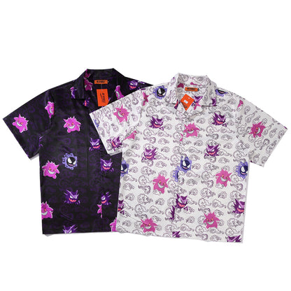 Funny Anime Genger Graphic Cartoon Print Loose Button Down Short Sleeve Short T-shirt Top Causal E-Girl Kawaii Korean Japanese Harajuku Streetwear