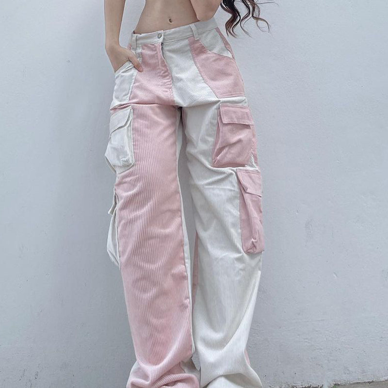 Pink Contrast Patchwork Cargo Pants