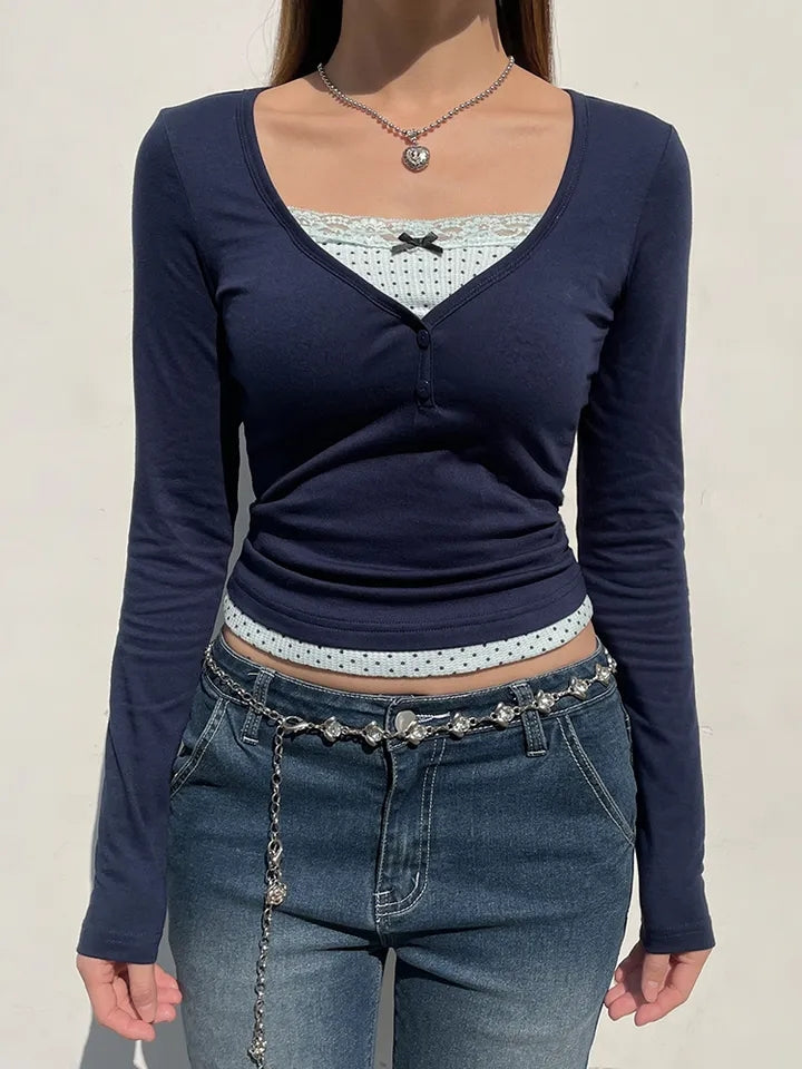 2PCS Polka Dot Lace Patchwork Long Sleeve Shirt