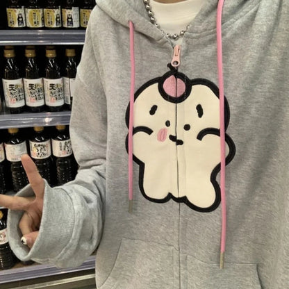 Bear Graphic Print Zipper Hoodie