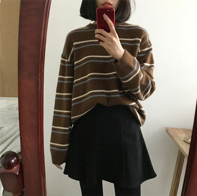 Soft Stripe Autumn O Neck Chic Loose Oversized Casual Knit Sweater Sweatshirt Pullover Jumper Shirt E-Girl Kawaii Korean Japanese Harajuku Streetwear