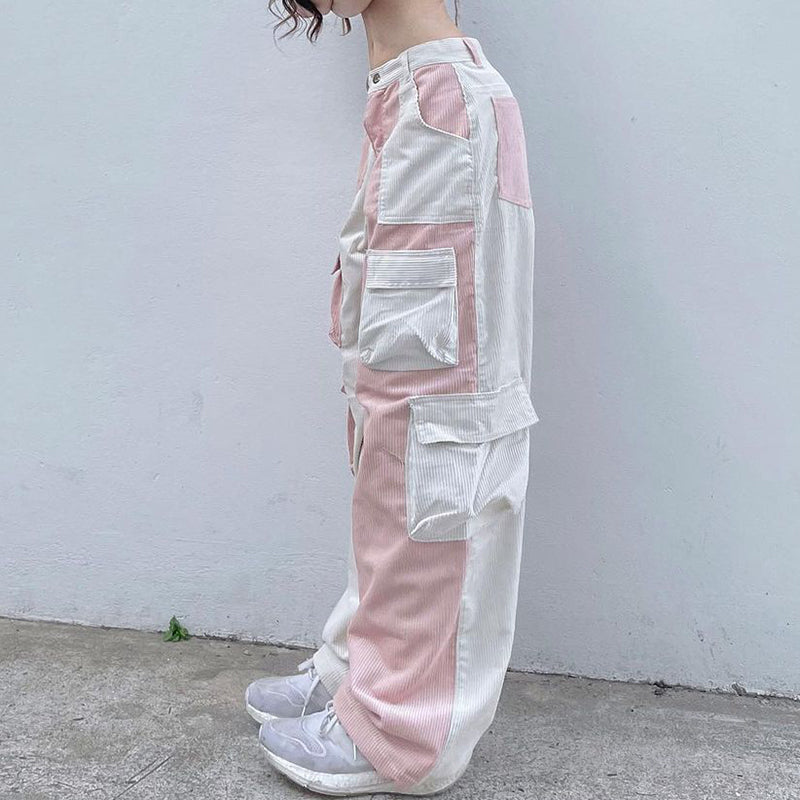 Pink Contrast Patchwork Cargo Pants