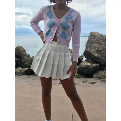 Cute Pink Geometrical Chic Vintage Knit Cardigan Sweater Top Shirt Winter Autumn E-Girl Kawaii Korean Japanese Harajuku Chinese Retro Streetwear