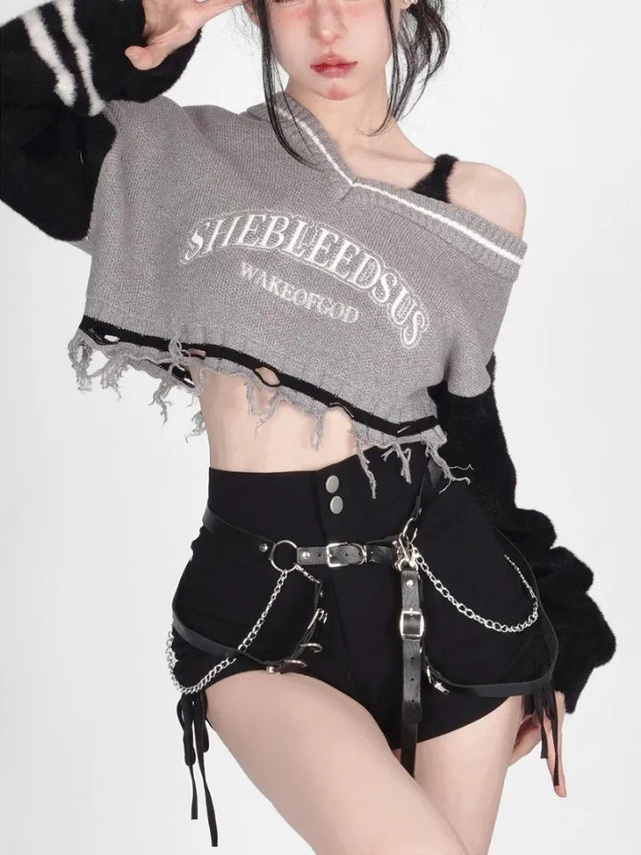 Grey Hollow Out Off Shoulder Cropped Sweater