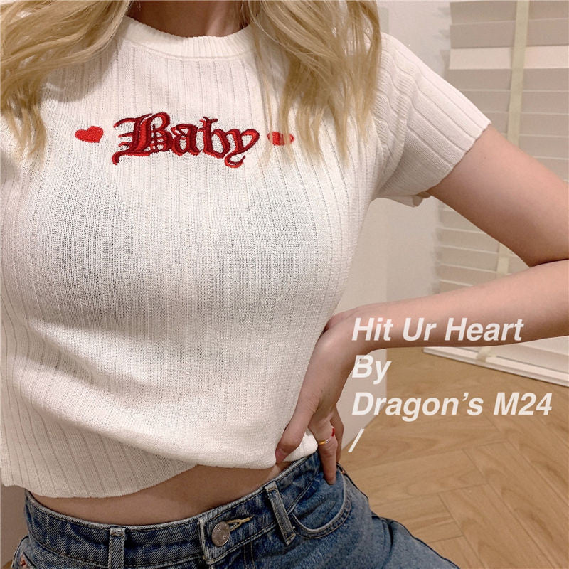 Pastel Pink Baby Embroidery Knit Short Sleeve Shirt Top T-shirt Summer Casual E-Girl Kawaii Korean Japanese Harajuku Streetwear