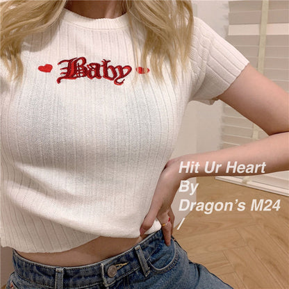 Pastel Pink Baby Embroidery Knit Short Sleeve Shirt Top T-shirt Summer Casual E-Girl Kawaii Korean Japanese Harajuku Streetwear