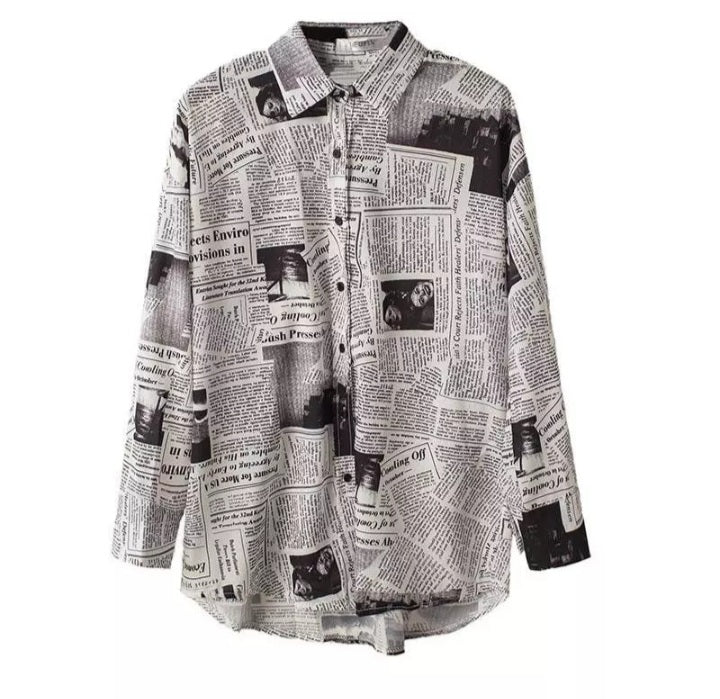 Cute Vintage Newspaper Letter Print Button Up Long Sleeve Shirt Blouse Top Aesthetic Casual E-Girl Kawaii Korean Japanese Harajuku