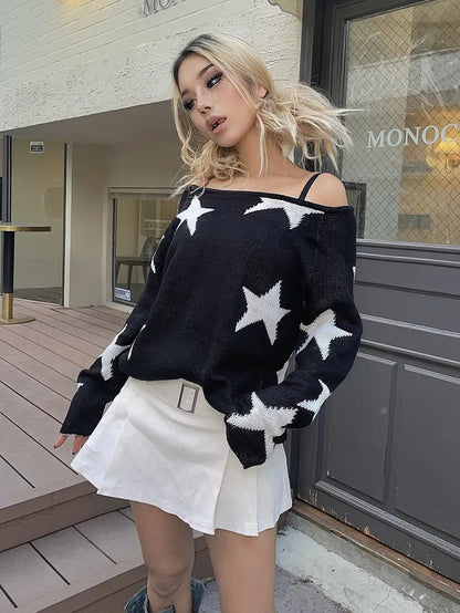 Black Star Print Off Shoulder Sweater