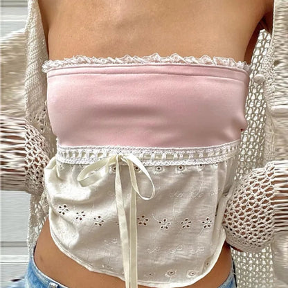 Off Shoulder Lace Trim Patchwork Top