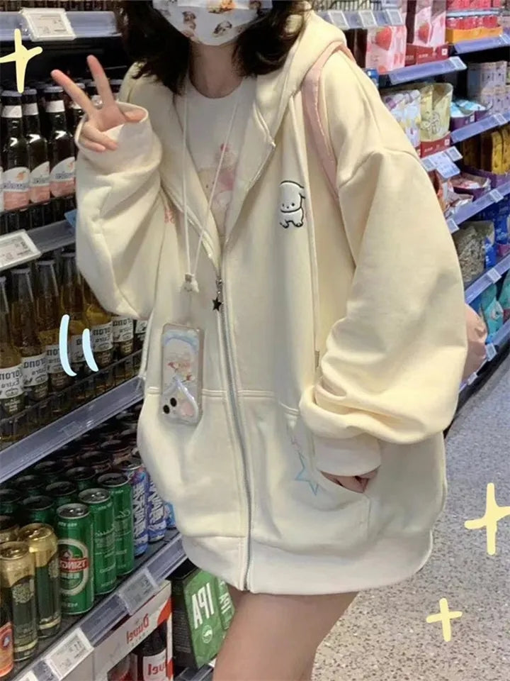 Puppy Embroidery Cartoon Zip Up Hoodie