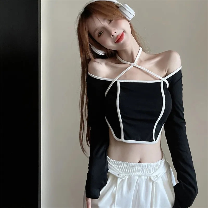 Pink Patchwork Long Sleeve Crop Top